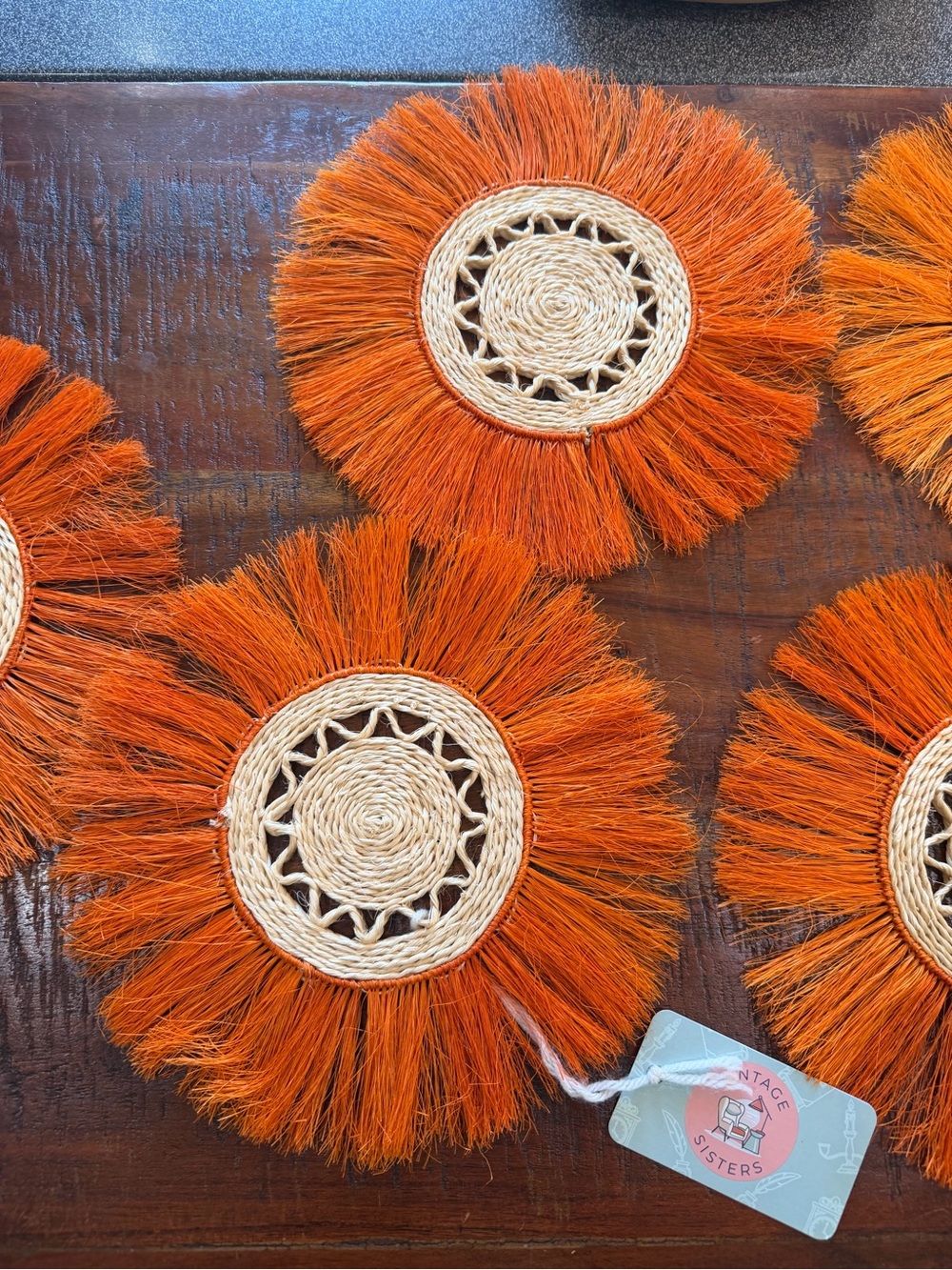 Vtge 10” Orange 6 Boho Raffia Fringe HandWoven Coasters Placemats Fall Decor
